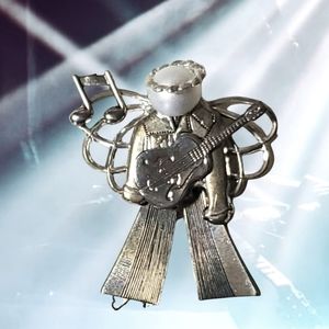 Silver Tone Angel Pin Brooch Playing Music on Guitar Custom Design